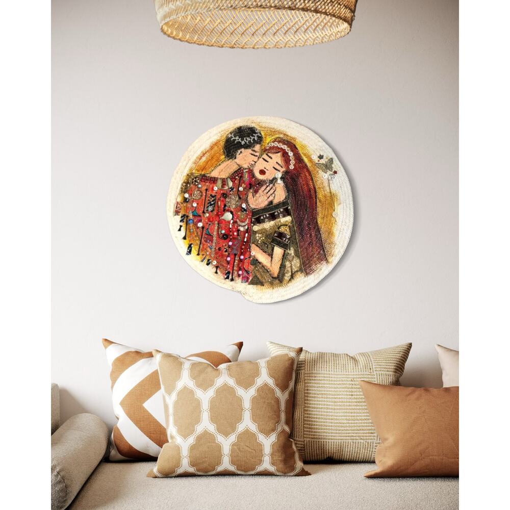 Handcrafted Mixed Media Wall Art - Romantic Couple Embroidery on Woven Base